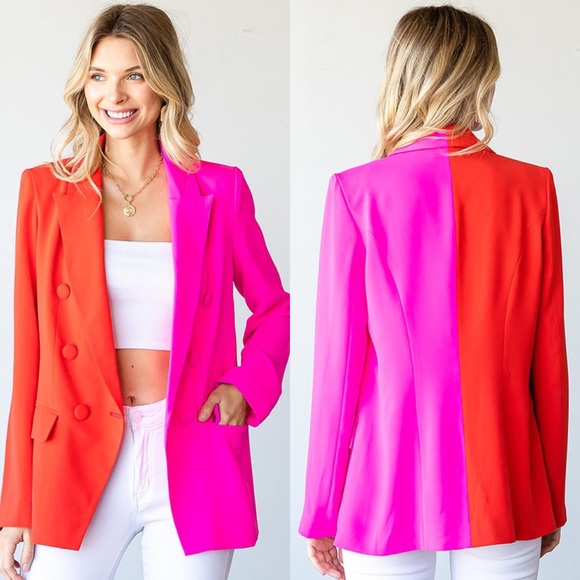 ✨24 HOUR SALE✨Hold My Calls Red and Pink Colorblock Blazer - Picture 5 of 6